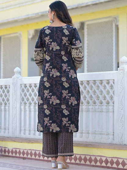 Black Floral Printed Pure Cotton Pakistani Style Kurta With Trousers & Dupatta