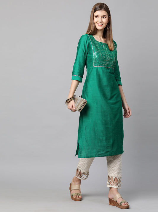 Sequin Embroidered Straight Kurta - Sea Green