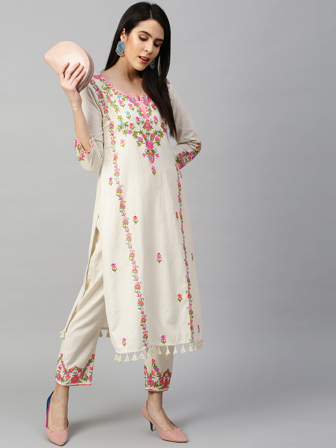 Kashmiri Floral Embroidered Kurta with Pant - Off White