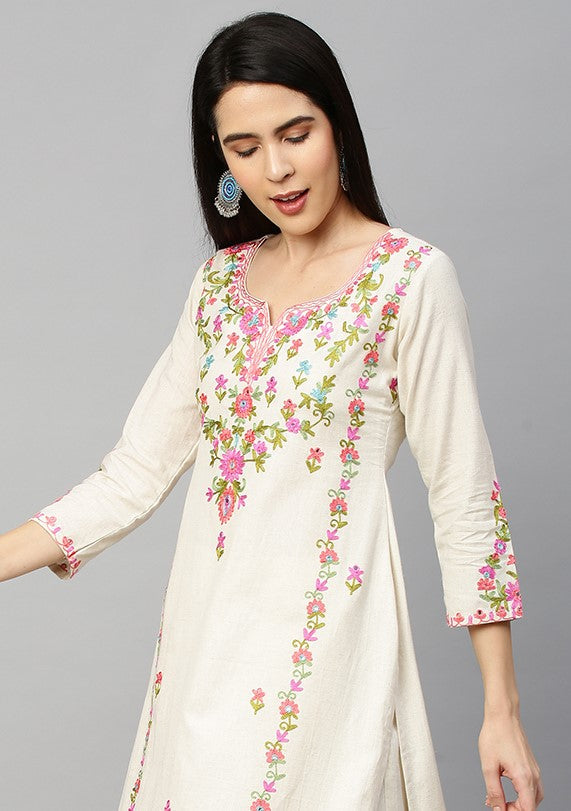 Kashmiri Floral Embroidered Kurta with Pant - Off White