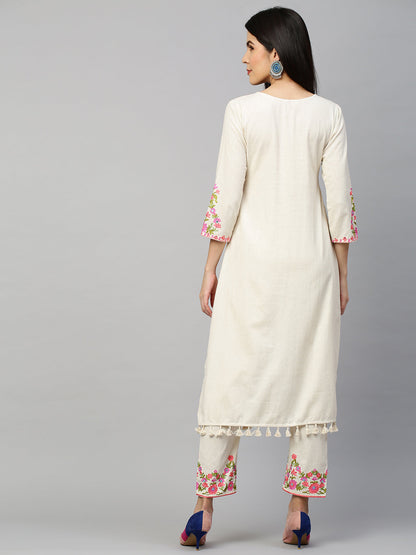 Kashmiri Floral Embroidered Kurta with Pant - Off White