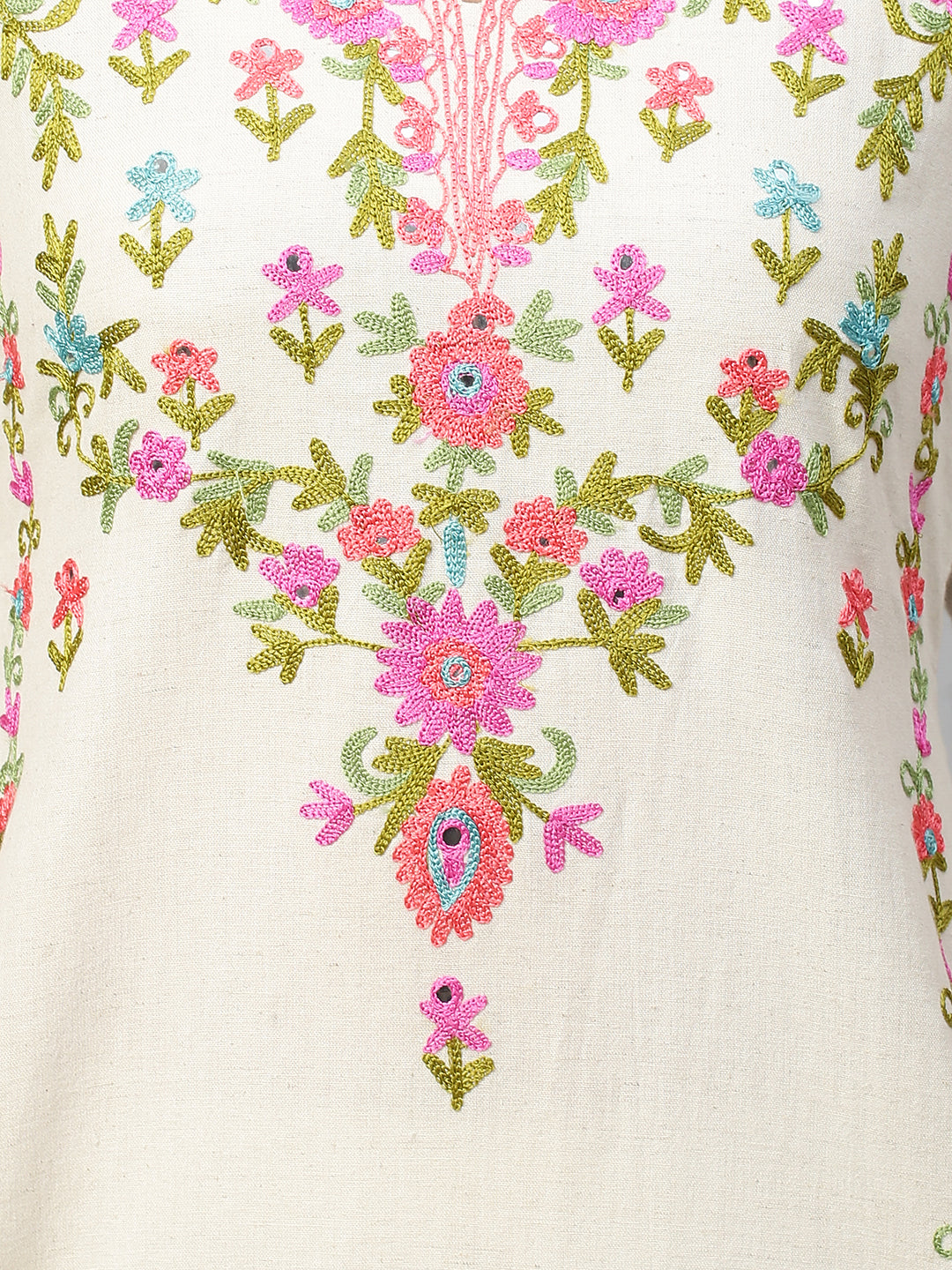 Kashmiri Floral Embroidered Kurta with Pant - Off White