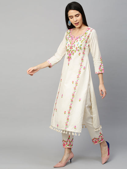 Kashmiri Floral Embroidered Kurta with Pant - Off White