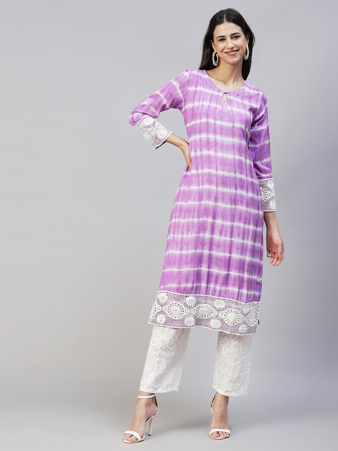 Tie-Dye & Embroidered Straight Kurta with Pants - Purple