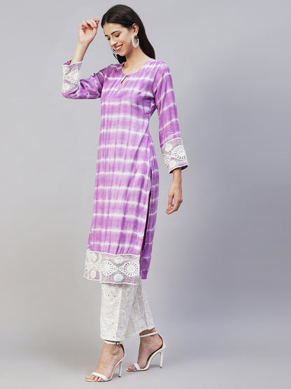 Tie-Dye & Embroidered Straight Kurta with Pants - Purple