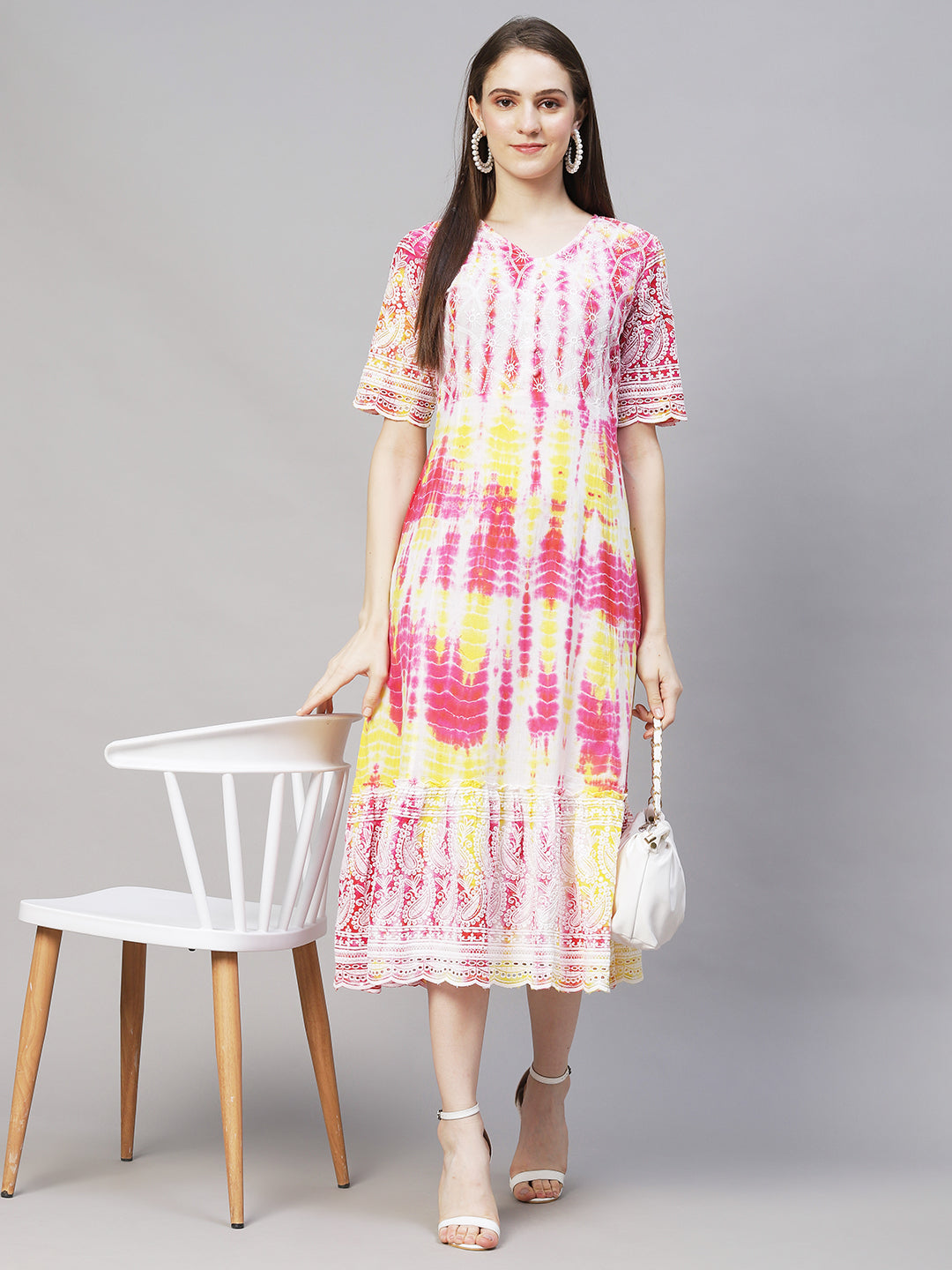 Tie-Dyed & Chikankari Embroidered A-Line Midi Dress - Multi