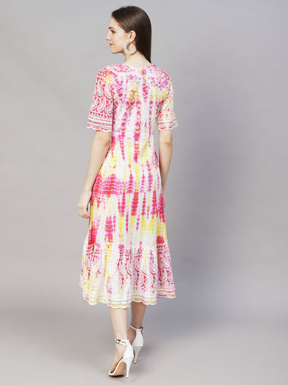 Tie-Dyed & Chikankari Embroidered A-Line Midi Dress - Multi