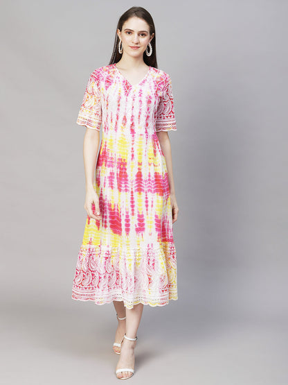 Tie-Dyed & Chikankari Embroidered A-Line Midi Dress - Multi