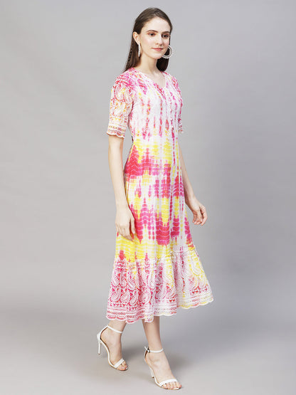 Tie-Dyed & Chikankari Embroidered A-Line Midi Dress - Multi