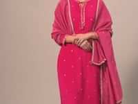 Pink Slim Fit Kurta Set With Sequin Hand Embellishments