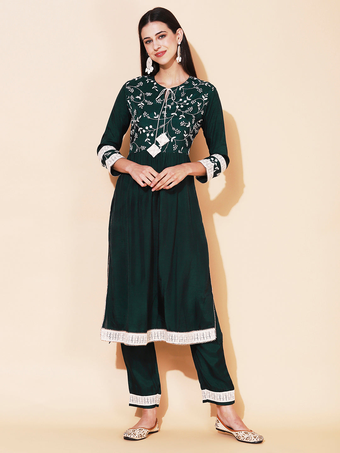 Solid Resham Embroidered Empire Kurta With Pants - Green