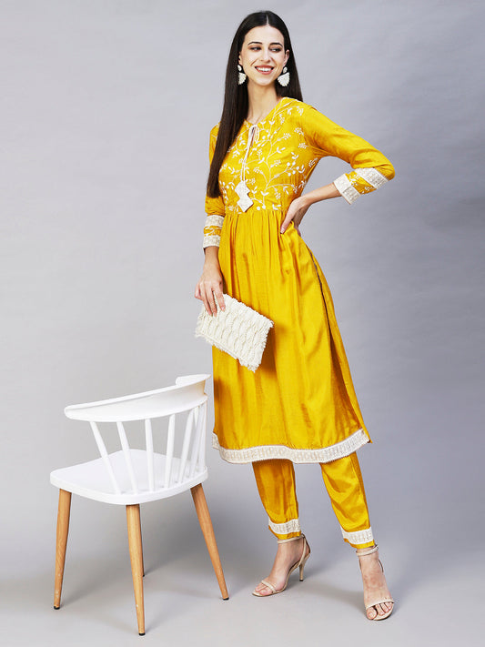 Solid Resham Embroidered Empire Kurta With Pants - Yellow