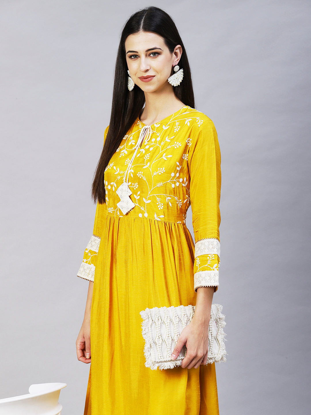 Solid Resham Embroidered Empire Kurta With Pants - Yellow