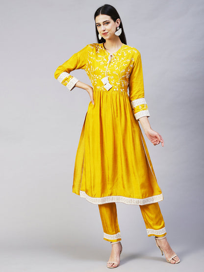 Solid Resham Embroidered Empire Kurta With Pants - Yellow