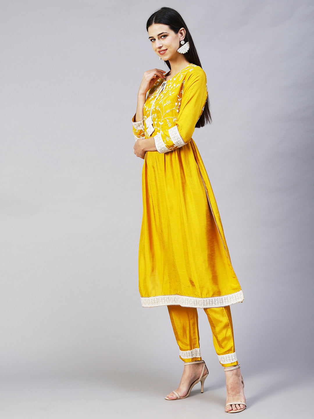 Solid Resham Embroidered Empire Kurta With Pants - Yellow