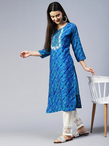 Leheriya Printed & Embroidered Straight Fit Kurta - Blue