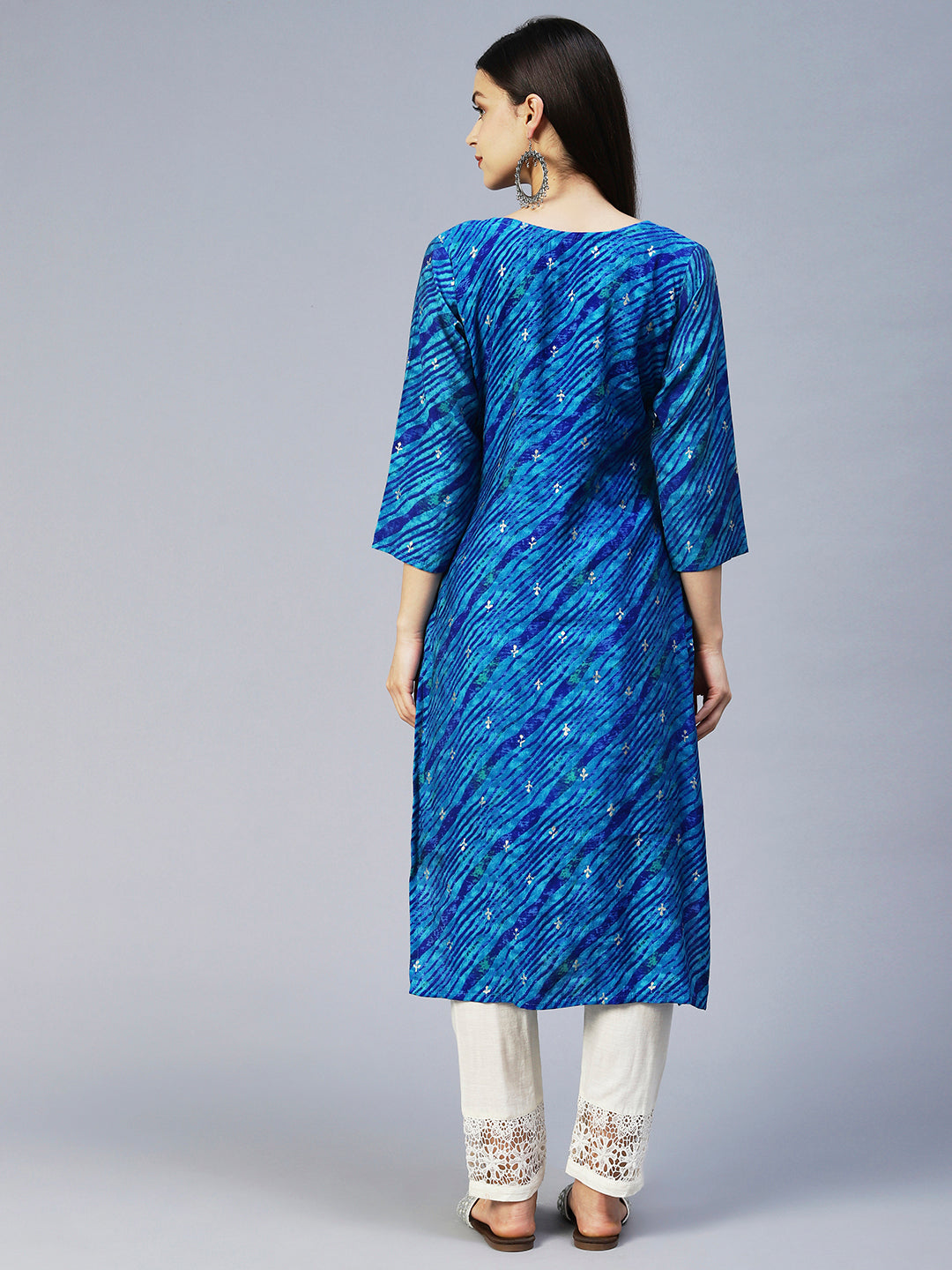 Leheriya Printed & Embroidered Straight Fit Kurta - Blue