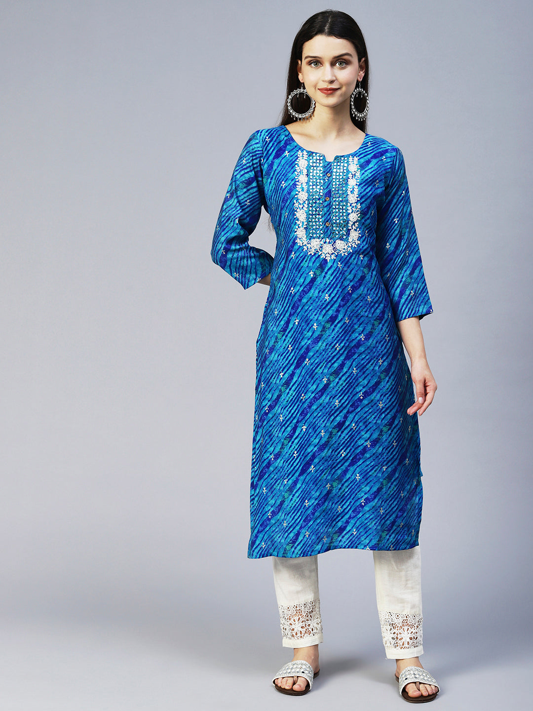 Leheriya Printed & Embroidered Straight Fit Kurta - Blue