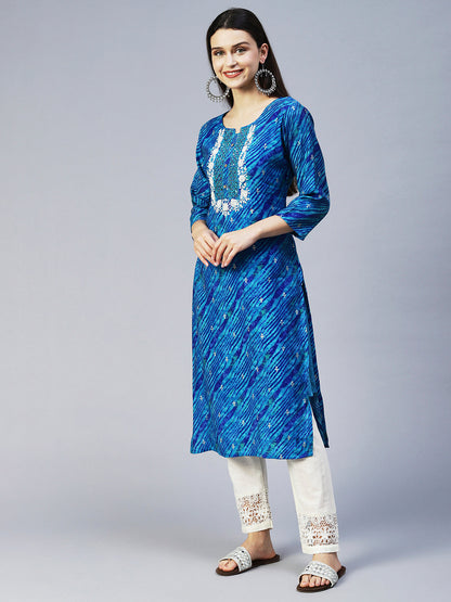 Leheriya Printed & Embroidered Straight Fit Kurta - Blue