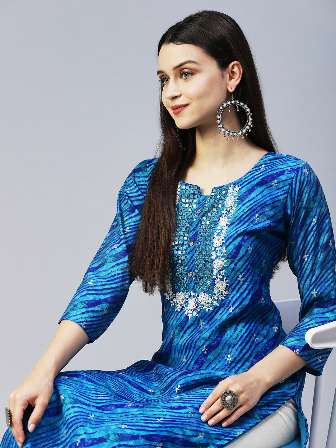 Leheriya Printed & Embroidered Straight Fit Kurta - Blue