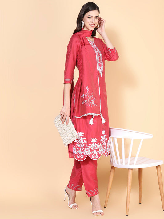 Solid Floral Embroidered Straight Kurta with Pant & Dupatta