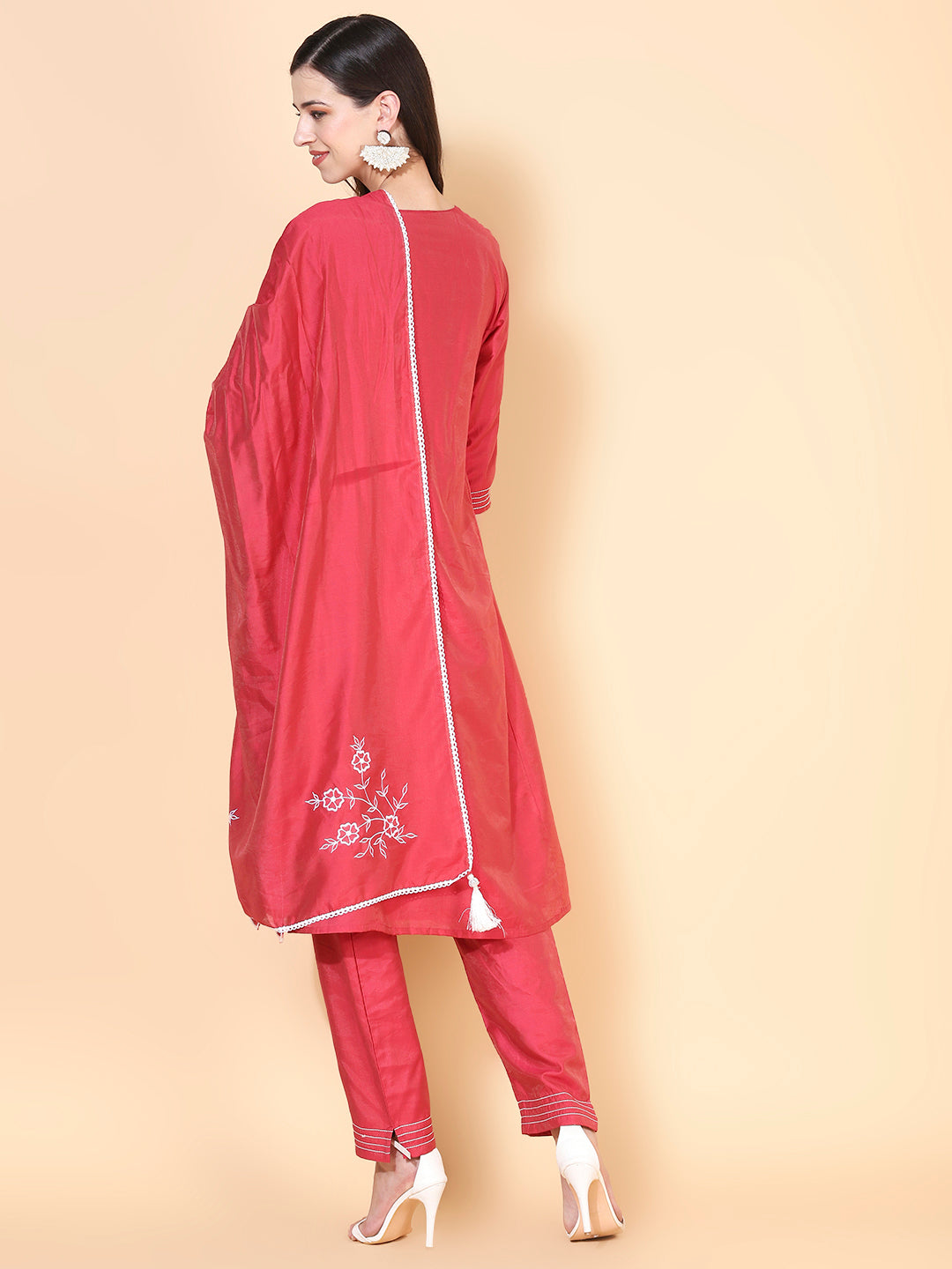 Solid Floral Embroidered Straight Kurta with Pant & Dupatta