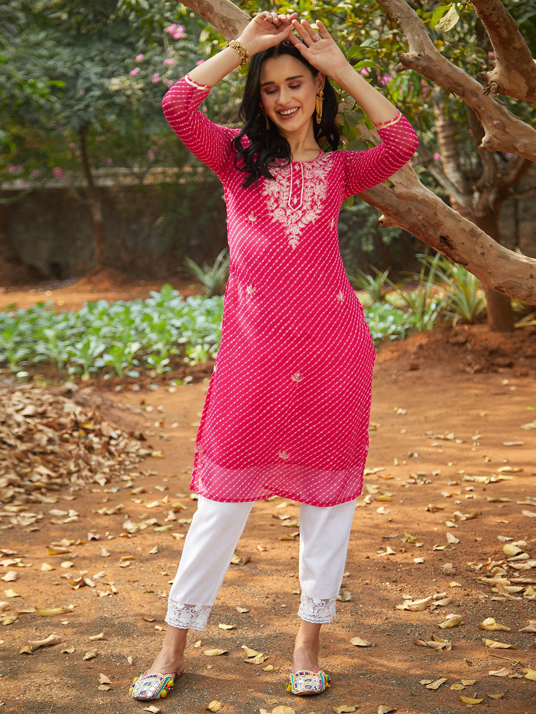 Leheriya Printed & Embroidered Straight Fit Kurta - Rani Pink