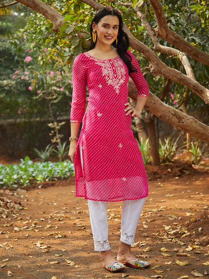 Leheriya Printed & Embroidered Straight Fit Kurta - Rani Pink