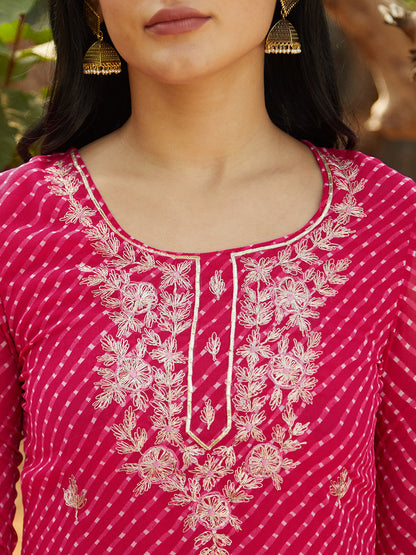 Leheriya Printed & Embroidered Straight Fit Kurta - Rani Pink