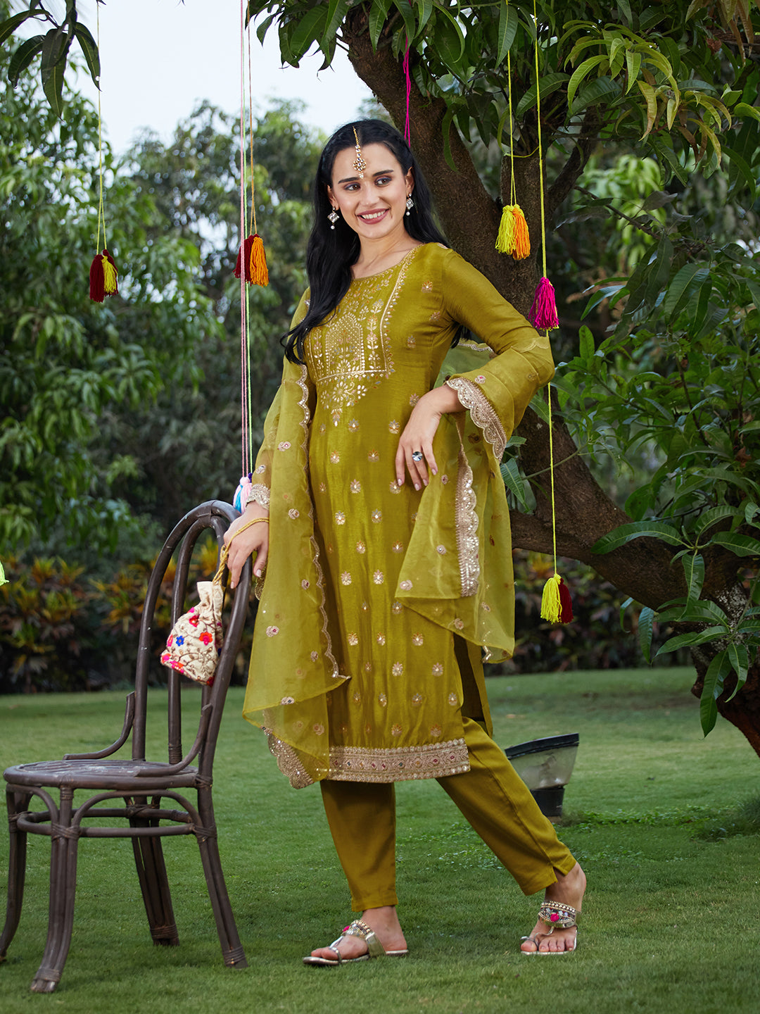 Solid Zari Embroidered Jacquard Kurta With Pants & Dupatta - Mustard Green