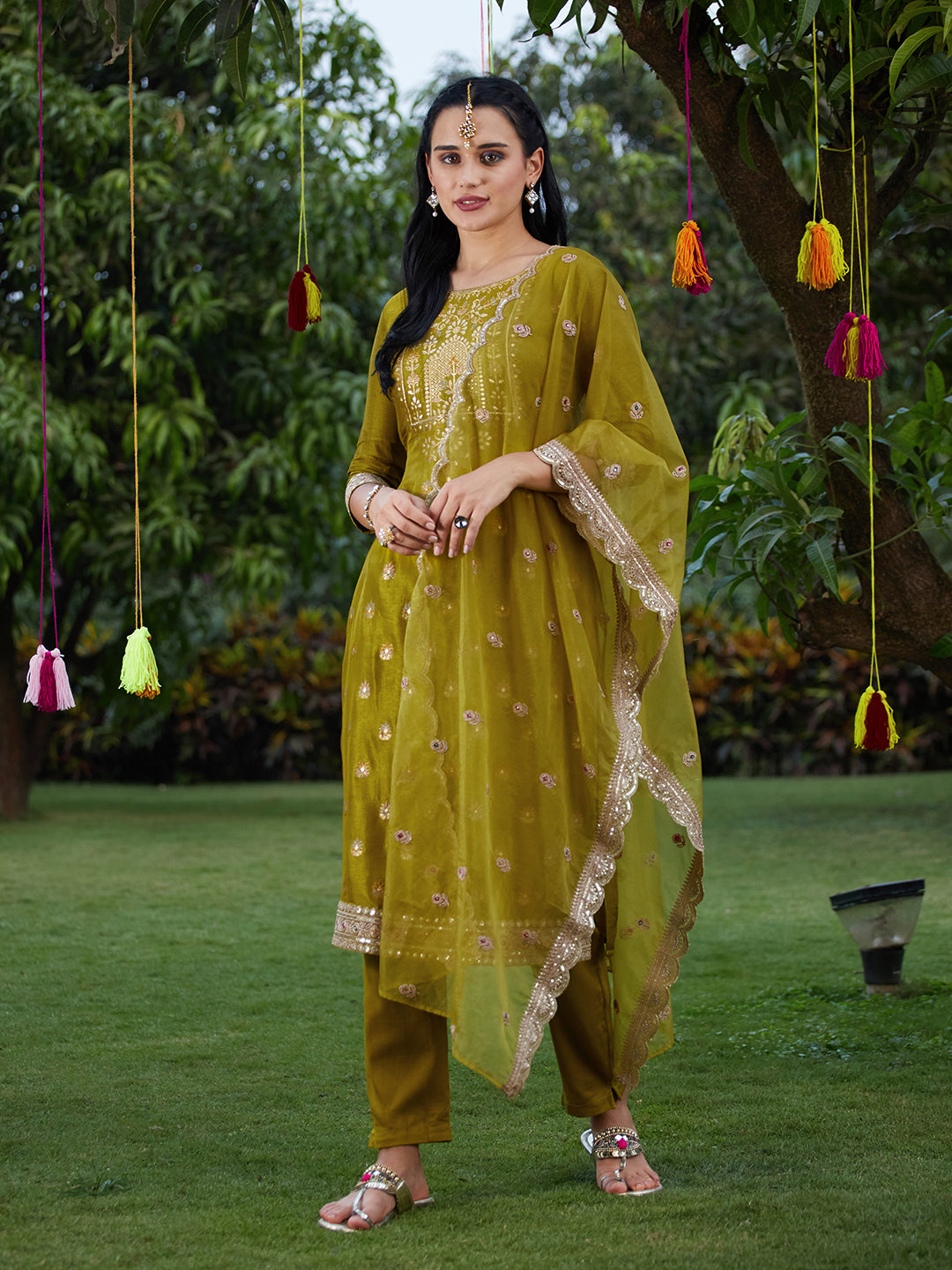 Solid Zari Embroidered Jacquard Kurta With Pants & Dupatta - Mustard Green