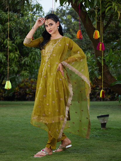 Solid Zari Embroidered Jacquard Kurta With Pants & Dupatta - Mustard Green