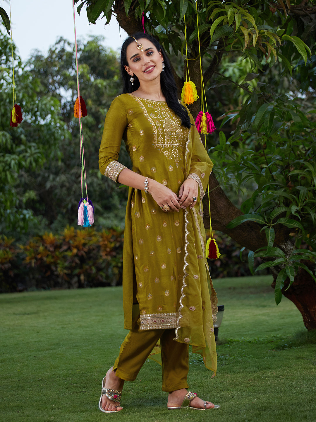 Solid Zari Embroidered Jacquard Kurta With Pants & Dupatta - Mustard Green