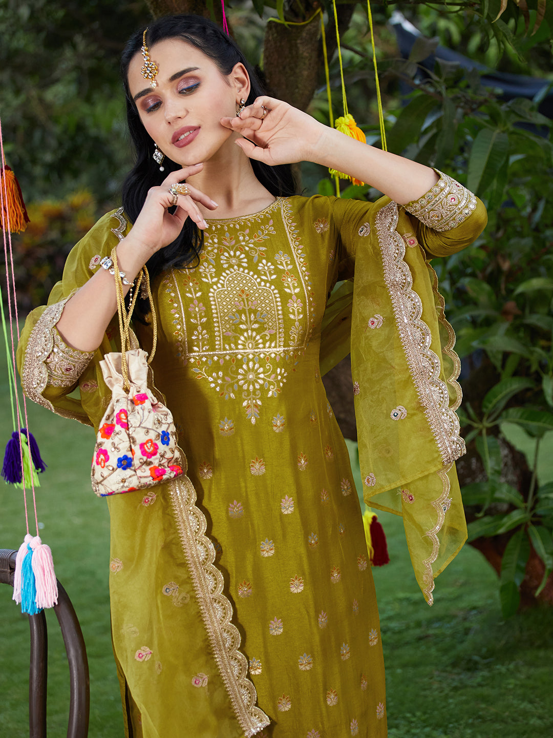 Solid Zari Embroidered Jacquard Kurta With Pants & Dupatta - Mustard Green