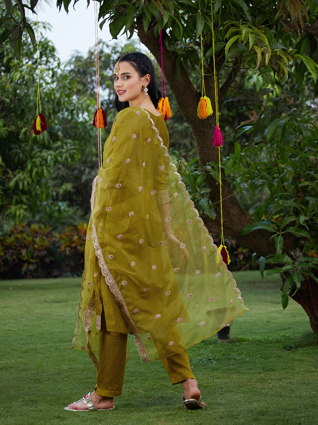 Solid Zari Embroidered Jacquard Kurta With Pants & Dupatta - Mustard Green