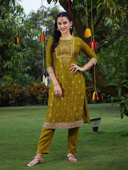 Solid Zari Embroidered Jacquard Kurta With Pants & Dupatta - Mustard Green