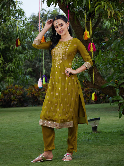 Solid Zari Embroidered Jacquard Kurta With Pants & Dupatta - Mustard Green