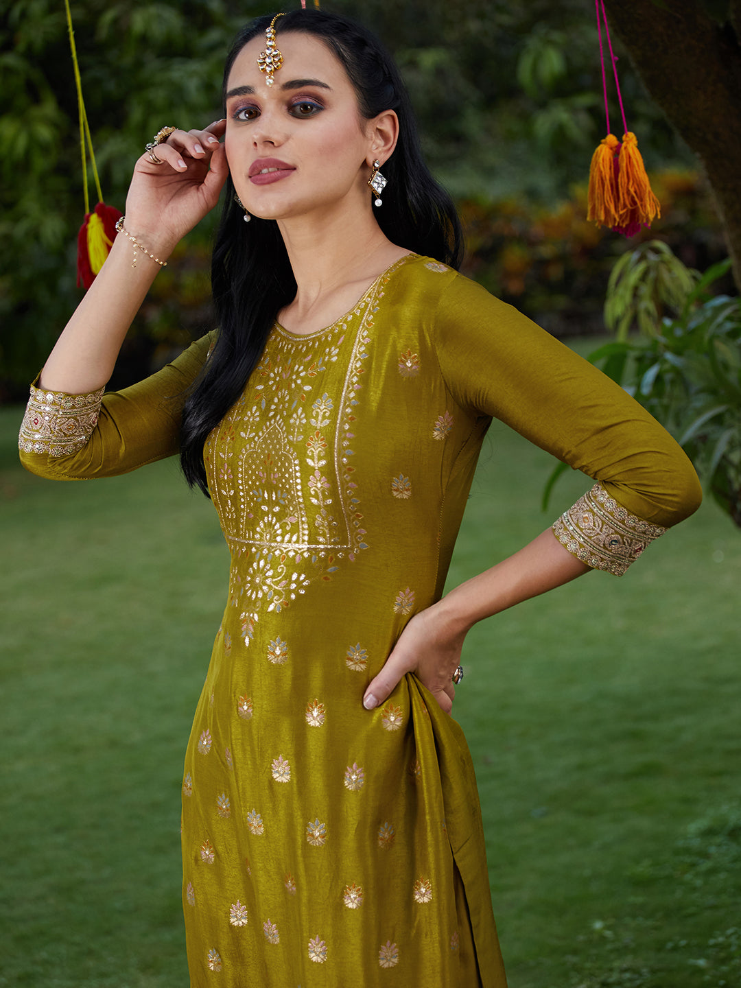 Solid Zari Embroidered Jacquard Kurta With Pants & Dupatta - Mustard Green