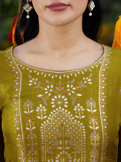 Solid Zari Embroidered Jacquard Kurta With Pants & Dupatta - Mustard Green