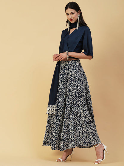 Solid Pleated Crop Top With Resham & Sequins Embroidered Flared Skirt & Dupatta - Blue