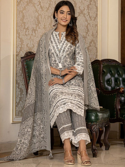 Black Printed Gotta Patti Pure Cotton Pakistani Style Kurta With Trousers & Dupatta