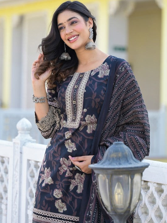 Black Floral Printed Pure Cotton Pakistani Style Kurta With Trousers & Dupatta