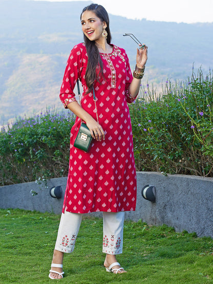 Ikat Printed & Floral Embroidered Straight Fit Kurta - Dark Red