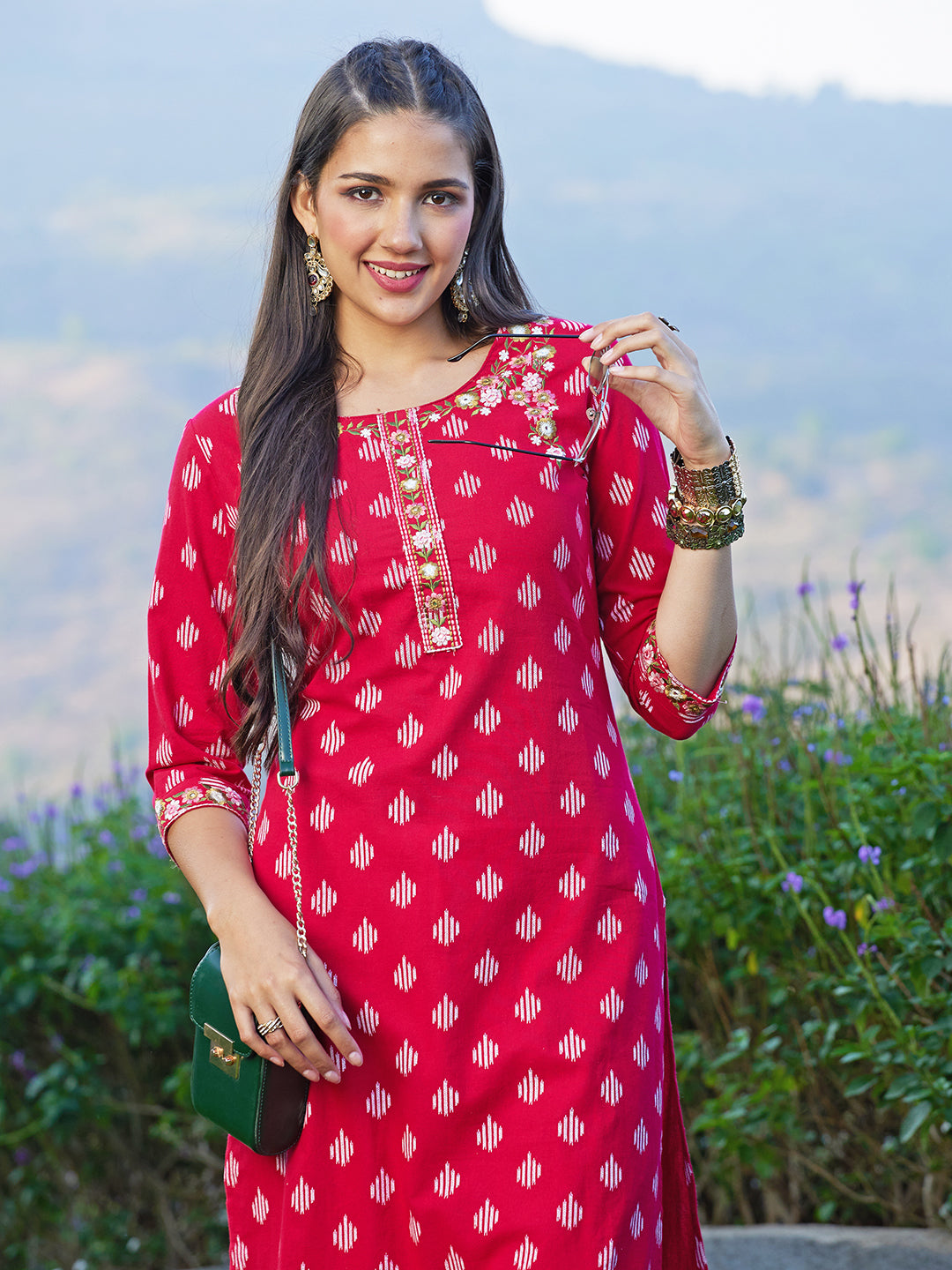 Ikat Printed & Floral Embroidered Straight Fit Kurta - Dark Red