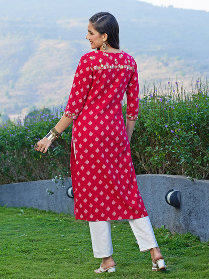 Ikat Printed & Floral Embroidered Straight Fit Kurta - Dark Red