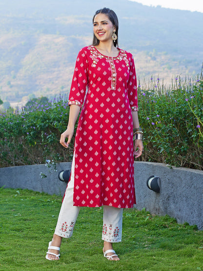 Ikat Printed & Floral Embroidered Straight Fit Kurta - Dark Red