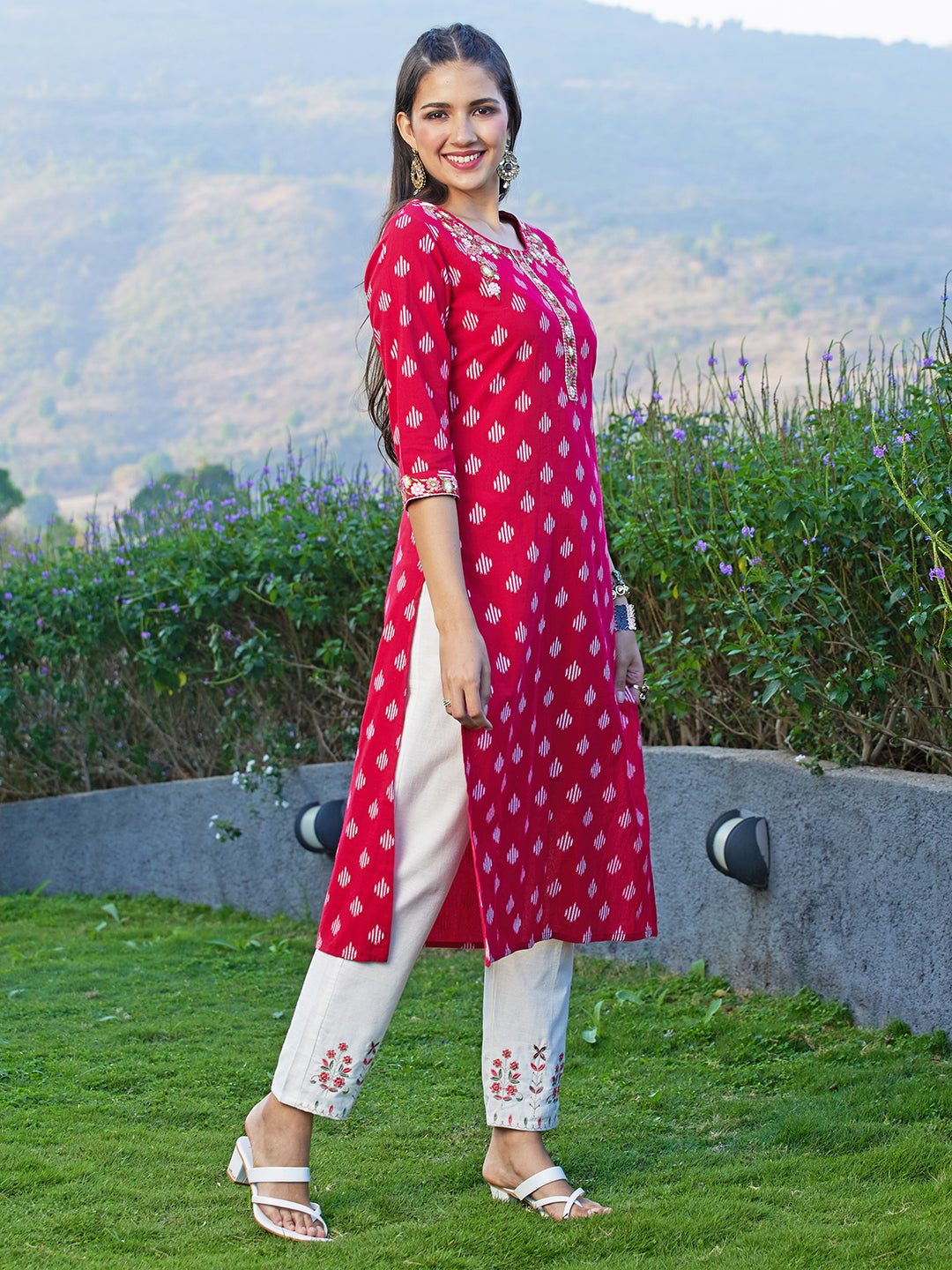 Ikat Printed & Floral Embroidered Straight Fit Kurta - Dark Red