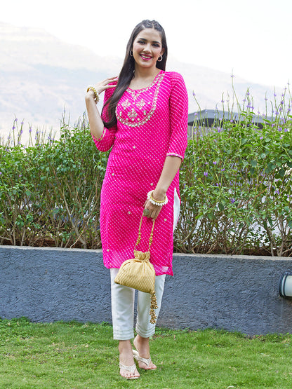 Leheriya Printed & Hand Embroidered Straight Fit Kurta - Rani Pink