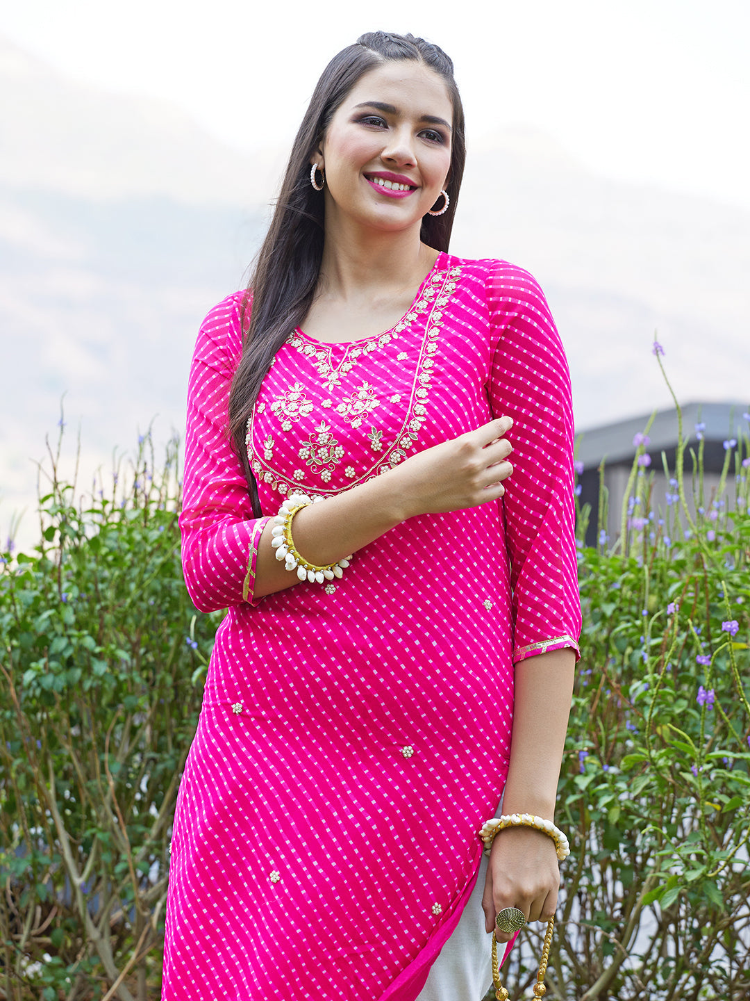 Leheriya Printed & Hand Embroidered Straight Fit Kurta - Rani Pink