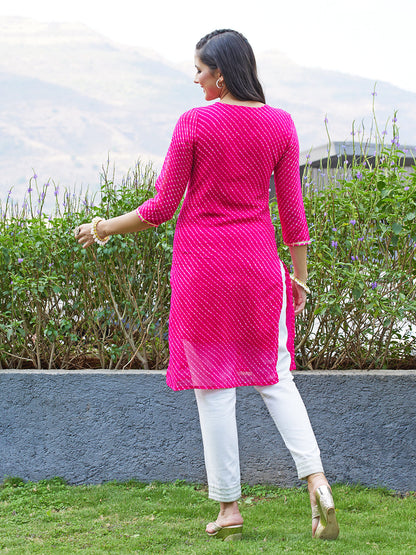 Leheriya Printed & Hand Embroidered Straight Fit Kurta - Rani Pink